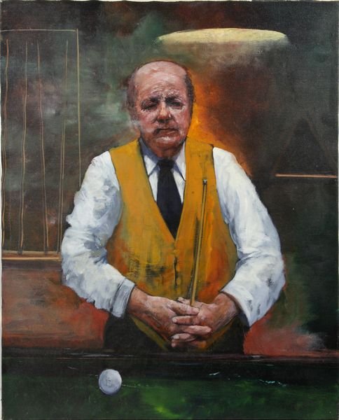 Scott Duncan (American, 20th Century), pool playe: Scott Duncan (American, 20th Century), pool player, o/c, 30" x 24", unframed, signed LR. Good condition.