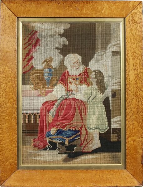 19th Century needlepoint in birdseye maple frame: 19th Century needlepoint in birdseye maple frame, 22" x 12", 29"x 22 1/2" framed.