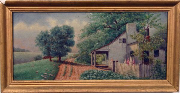 Thomas Hill (American, 19th Century), country roa: Thomas Hill (American, 19th Century), country road, o/b, 7" x 14", initialed LR. Framed. Good condition. Chips to frame.