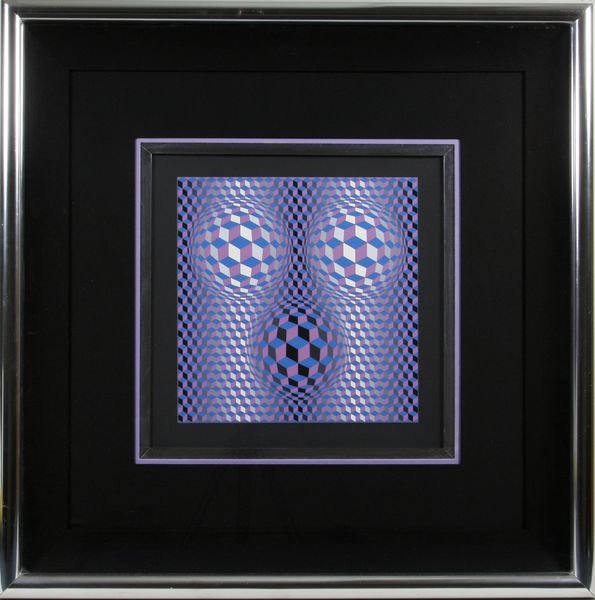 Victor Vasarely, serigraph on paper, VII/x: Victor Vasarely (French, 1908-1997), serigraph on paper, numbered VII/x, 12"x 12"(sight), 29" x 29" framed, signed in pencil. In good condition.