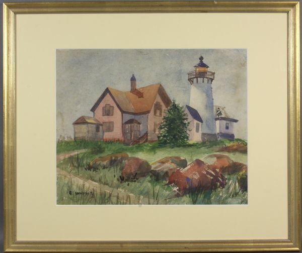 Signed E. Hopper, Coastal Lighthouse, w/c: Signed E. Hopper, coastal house with lighthouse and bell tower, w/c, signed LL, 13 1/2" x 16 1/2", in frame 21 1/2" x 25 1/2". Some imperfections in paper.