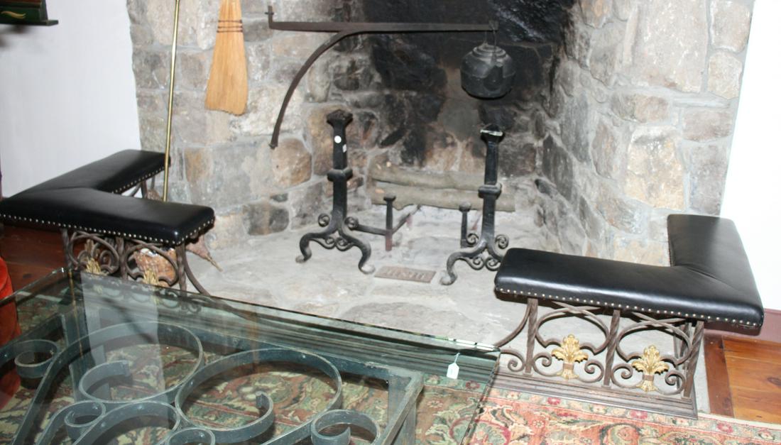 Wrought Iron Fireside Bench with Leather Seats (1 of 1)