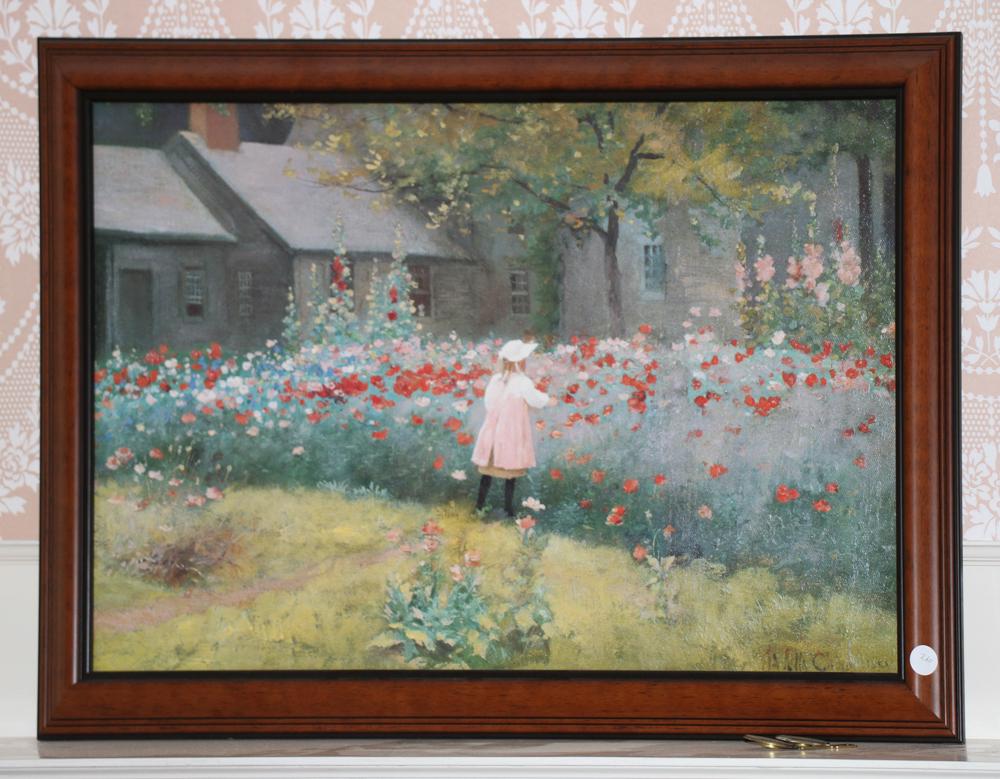 Print on Canvas Board, The Poppy Garden: Print on canvas board titled 'The Poppy Garden', by James Wells Champney, frame 24" x 36". Good condition. Provenance: Estate of David J. Bryan, MD, Groton, Massachusetts.