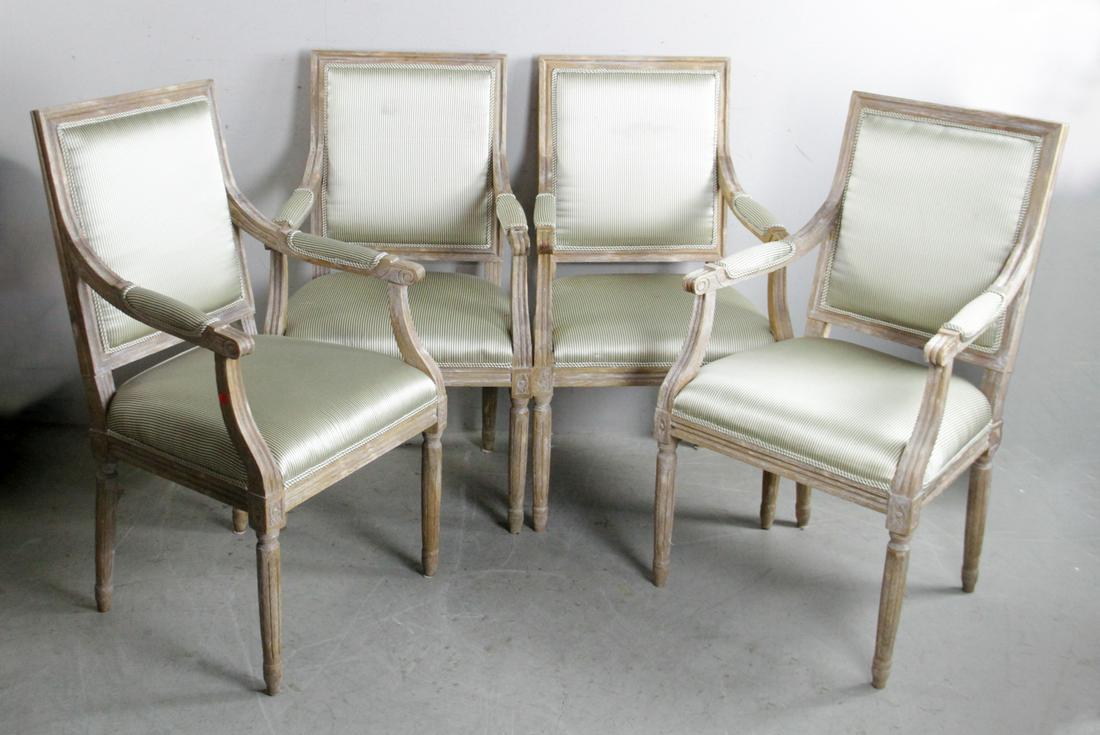 Louis XVI Style Dining Chairs: Four (4) Louis XVI-style dining chairs having a limed finish and striped upholstery, 40" H. Provenance: Estate of Colonel Howard C. "Scrappy" Johnson, USAF, and Mrs. Elena Johnson, Palm Beach Gardens,