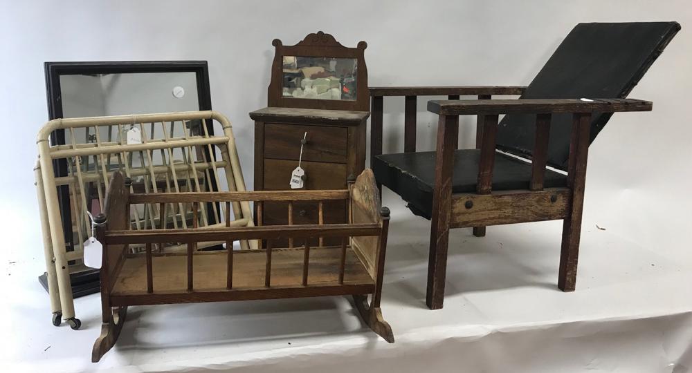 Group of Doll Furniture: Group of doll furniture, to include: chairs, cradle, bed, chest with mirror and standing mirror. Provenance: From a Burlington, Massachusetts estate.