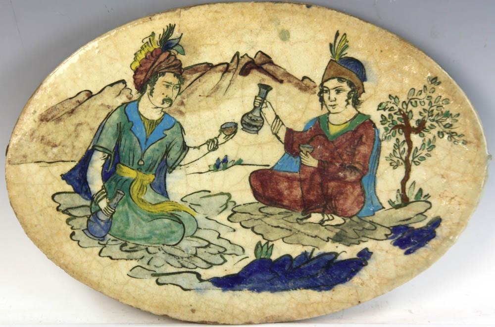 19th Century Persian Pottery Plaque: 19th century Persian pottery plaque, 11 3/8" H x 17" W x 3/4" D. Provenance: Beverly, Massachusetts estate.