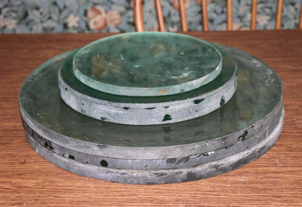 Group of Heavy Glass Discs: Group of heavy glass discs, five (5) total, three (3) measure 15 1/2" diameter x 5/8" thick, one measures 10 1/2" diameter x 1" thick , one measures 8 1/2" diameter x 1". Good condition, need cleaning