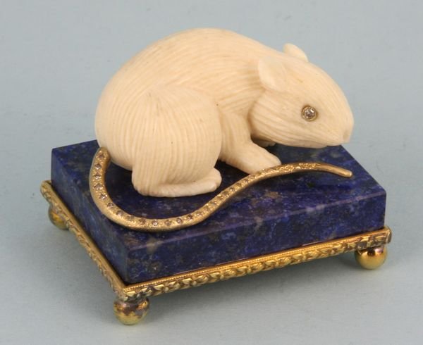 Miniature Carved Ivory Mouse w/ Diamonds on Lapis: Miniature carved ivory mouse with diamonds set on lapis lazuli base, encased in gilt silver, 2" x 1 1/2" x 1, marked '84' with other Cyrillic markings. Good condition.
