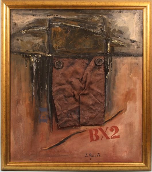 Eugene Rukhin Abstract Collage: Eugene Rukhin (Russian, 1943-1976), abstract collage, oil and burlap and mixed media, signed lower right, 30" x 26". In frame 33 1/2" x 29 1/2". Good condition.
