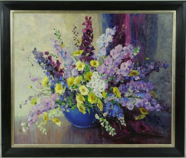 Nell Walker Warner, Floral Still Life, O/C: Nell Walker Warner (American, 1891-1970), floral still life, o/c, 30" x 36", 35 1/4" x 41" frame size, signed lower right. Good condition.