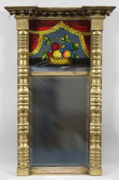 Early 19th C. Federal Gilt Mirror: Early 19th Century Federal gilt mirror with eglomise panel and hand painted fruit basket, with original James Todd label, 32"h x 20"l x 4"d.