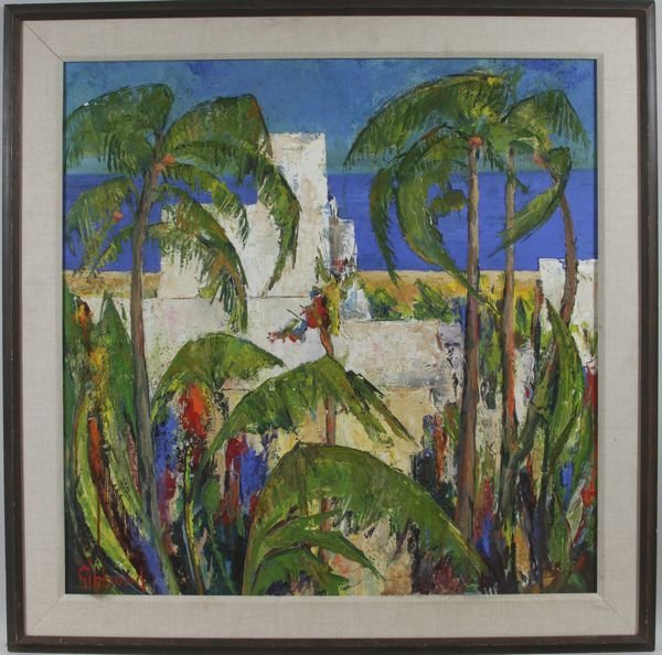 Eric Gibberd, No Winter Here, O/Masonite: Eric Gibberd (American, 1897-1972), "No Winter Here, 20th Century, o/masonite, 30" x 30", in frame 36" x 36", signed lower left. Labeled Gallery A Taos New Mexico. Good condition