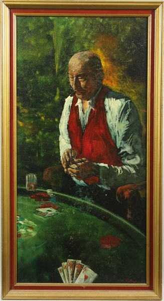 Scott Duncan, "Portrait of a Card Player", O/C: Scott Duncan, "Portrait of a Card Player", o/c, 30" x 15", 33" x 17 3/4" frame size, signed lower right. Good condition.