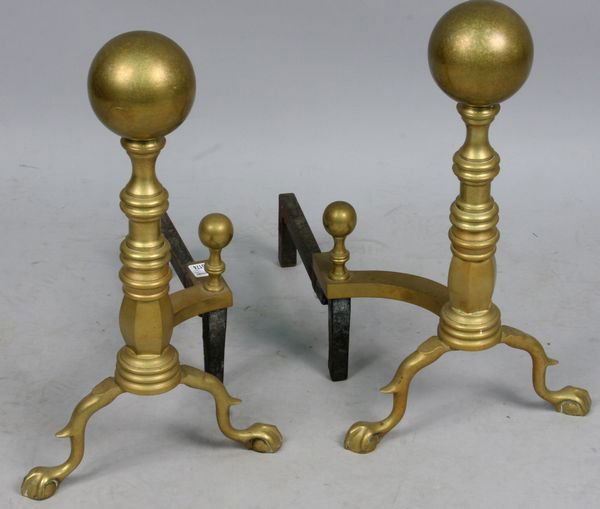 Pair of 19th C. Federal Style Bronze Andirons: Pair of 19th C. Federal style bronze andirons with ball finials and legs ending in paws, 18" in height. Fine patina and no surface damage.