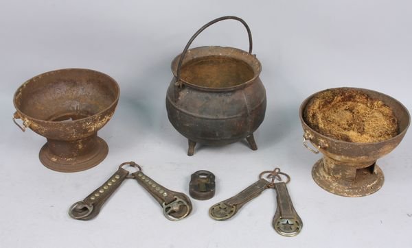 Collection of 19th C. Iron Utensils: Collection of 19th Century iron utensils including two basins (9" x 13"), padlock, and pair of stirrups. Aged and distressed.