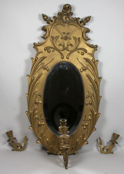 Wood and Gilt Hall Mirror: Wood and gilt hall mirror or candle sconces, carved oval with ornate crest, 35"h x 17 1/2"w.