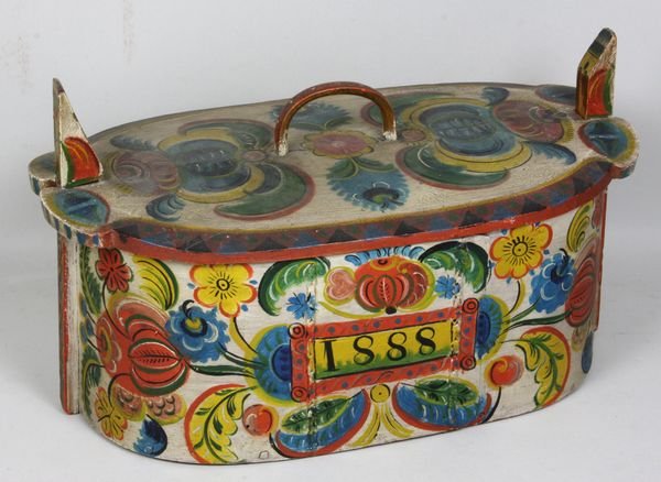 Hand Painted Scandinavian Oval Box: Hand painted Scandinavian oval box made of bentwood, '1881' inscribed on front, 5" x 13" x 7 1/2".