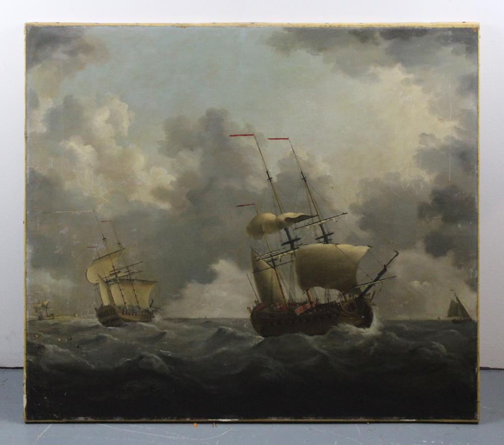 Francis Swaine, Frigates in Heavy Seas: Francis Swaine (British, 1740-1782), two frigates in heavy seas, oil on canvas, 28" x 31 1/2", in George II frame 40" x 40". Provenance: Collection of Anthony Athanas, Pier 4 Restaurant, Boston, Massa