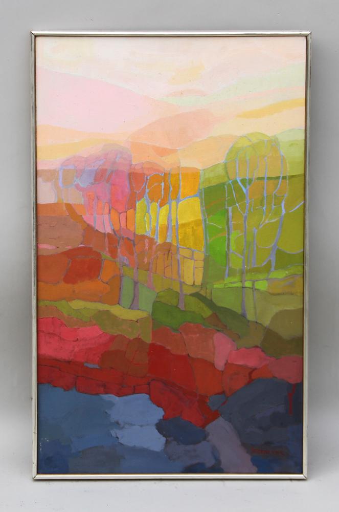 Yasenchak, Prismic Woods, Acrylic: Yasenchak (Beth), Prismic Woods, acrylic, labeled Robert Thom Gallery, 30" x 18". Provenance: Palm Beach, Florida estate.