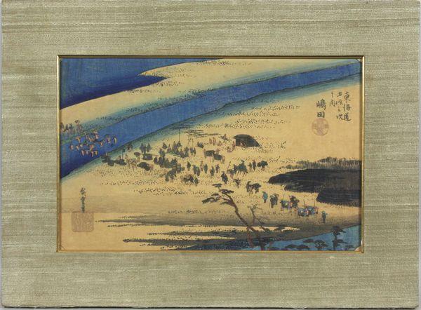Ando Hiroshige, Woodblock Print: Ando Hiroshige (Japanese, 1797-1858), woodblock print depicting figures crossing a river, signed, 8 1/2" x 13 1/2" sight size, 13 5/8" x 18 1/2" frame size, info verso.