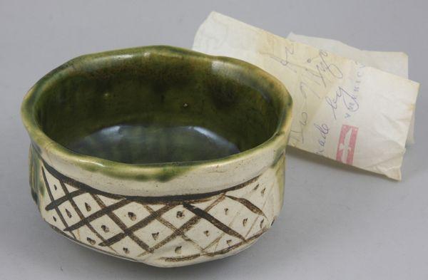 Oribe-style Tea Bowl: Oribe-style tea bowl with note: "dish from Mrs. Mizo guchi, made by her" 2 1/2"h x 4 7/8" dia. Good condition.