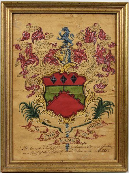 Phipps Family Coat of Arms Painted on Paper: 18th Century - Early 19th Century Phipps family coat of arms painted on paper, inscribed on bottom "The beareth party of chevron embattled of Gules on the chief of the second three diamonds stable," 1