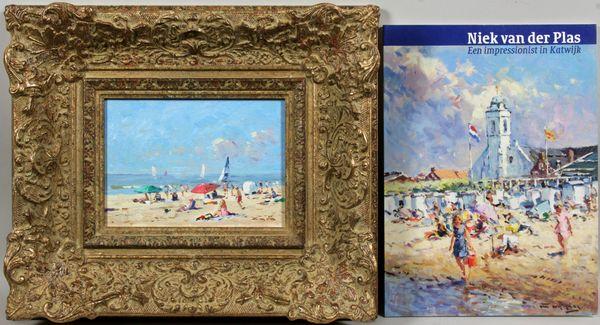 Niek van der Plas, Impressionist Beach Scene, Oil: Niek van der Plas (Dutch, 1954- ),Impressionist beach scene, oil on wood panel, framed and signed in lower right, 5" x 7", 11" x 13 1/2" Frame size. Includes book.