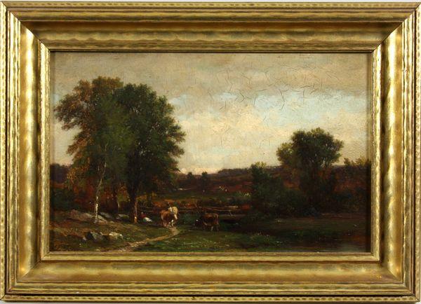 Samuel Lancaster Gerry, Landscape with Cows, O/C: Samuel Lancaster Gerry (American, 1813-1891), landscape with cows, o/b, 8 1/4" x 13", 11 1/2" x 16 1/4" frame size, signed lower left. Good condition.