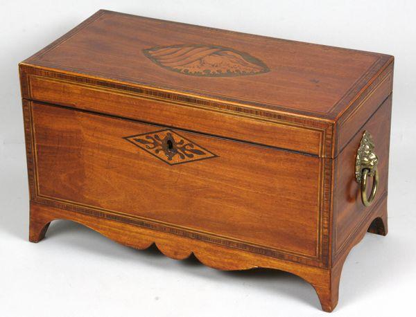 Early 19th C. Federal Mahogany Tea Caddy: Early 19th Century Federal mahogany tea caddy having conch shell inlay on top inside and out, 7 1/2"h x 11 3/4"w x 6"d.