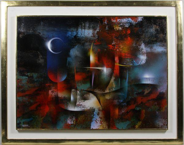 Leonardo Nierman, "Nocturne," O/masonite: Leonardo Nierman (Mexican, 1932-), "Nocturne," o/masonite, signed lower left, 22 1/2" x 30 1/4" frame size.