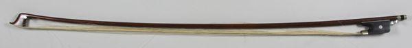 Exotic Wood Violin Bow: Exotic wood violin bow stamped 'A.R. Sander', with ebony frog and mother-of-pearl inlays, made in the 1930s, 70 grams, 28"l. Good condition.