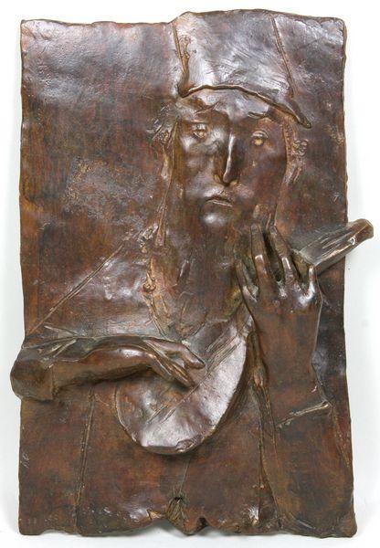 David Aronson, Plaque of Man Playing Instrument: David Aronson, bronze plaque of man playing instrument, signed lower left, 39/150, 9" x 6". Good condition.