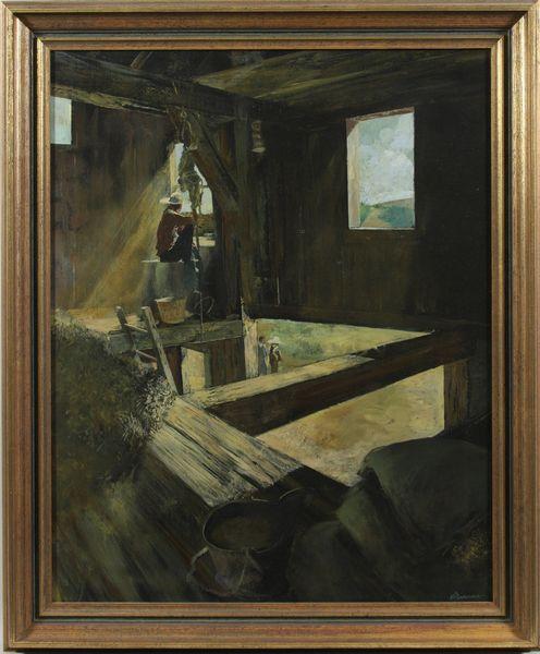 Scott Duncan, Barn Scene, O/C: Scott Duncan, barn scene, o/c, 20th century, signed lower right, 30" x 24", 34 3/4" x 28 3/4" frame size. Good condition.