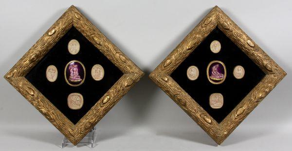 Pair of Framed Medallions: Pair of 19th century medallions in shadow box frames, five (5) medallions in each frame, likely Wedgwood, 10 1/2" x 10 1/2". Good condition.