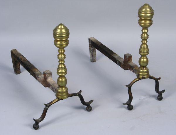 Chippendale Andirons and Fire Screen: Pair of 19th century brass Chippendale andirons and brass trim mesh fire screen,