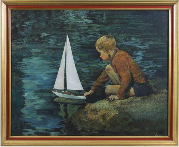 Scott Duncan, Boy with Boat, O/C: Scott Duncan, boy with boat, o/c, 20th century, signed lower right, 24 1/4" x 30 14", 27" x 33" frame size. Good condition.