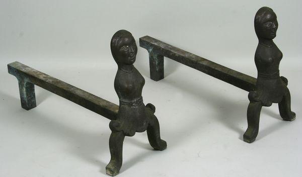 American Iron Maiden Andirons: 19th century American Iron Maiden andirons, 11" x 18"w x 6 3/4"d. Good condition.