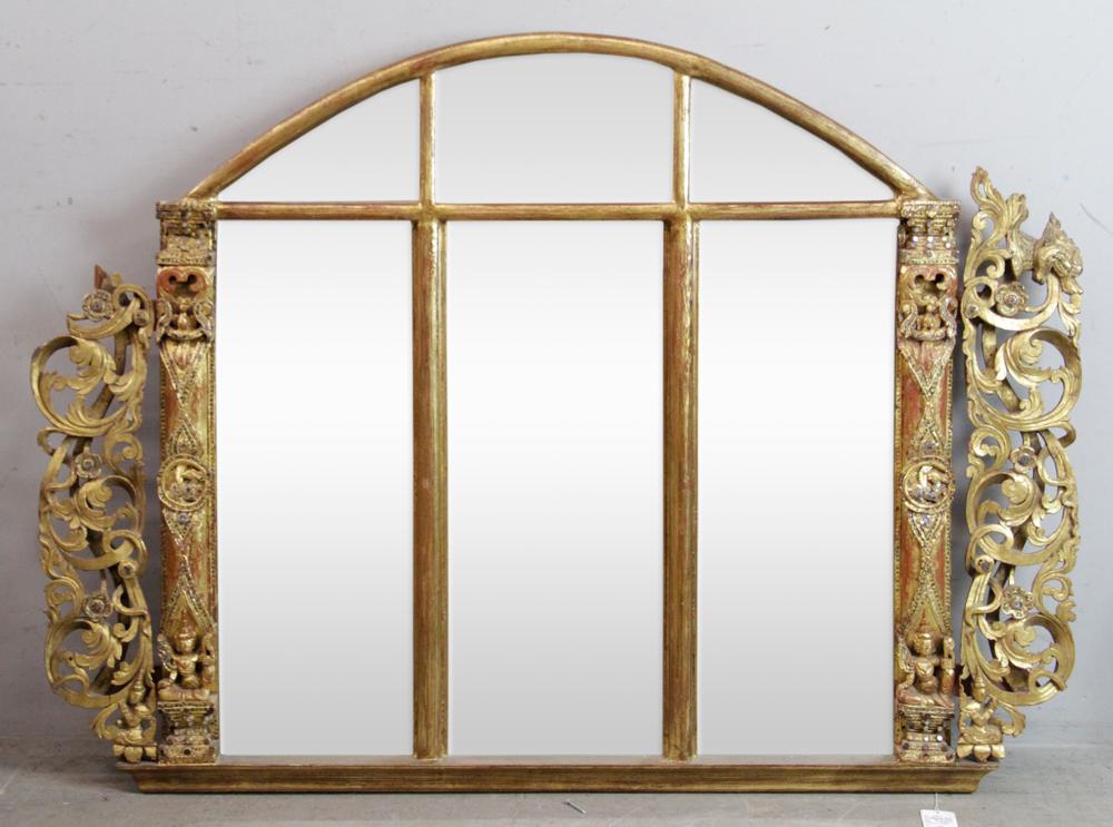 Old Thailand Giltwood Mirror: Old Thailand giltwood mirror, having multi-colored glass inlay, 41" H x 57" W. Provenance: Palm Beach, Florida estate.