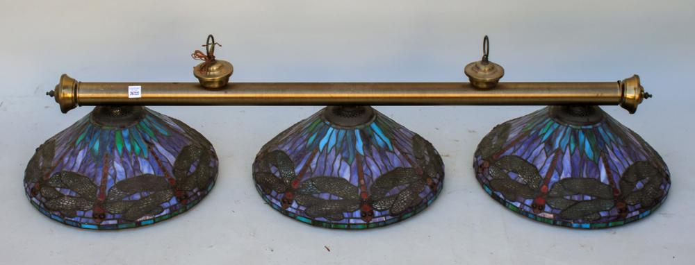 Stained Glass Billiards Light: Stained glass billiards light, 10" H x 56" L, in working condition. Provenance: Palm Beach, Florida estate.