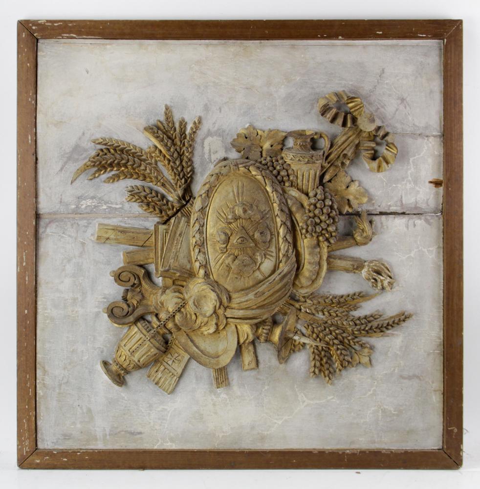 Antique French Giltwood Carved Plaque: Antique French giltwood carved plaque, 32" x 32". Provenance: Collection of Louis Busch Hager, Jr., Palm Beach, Florida.