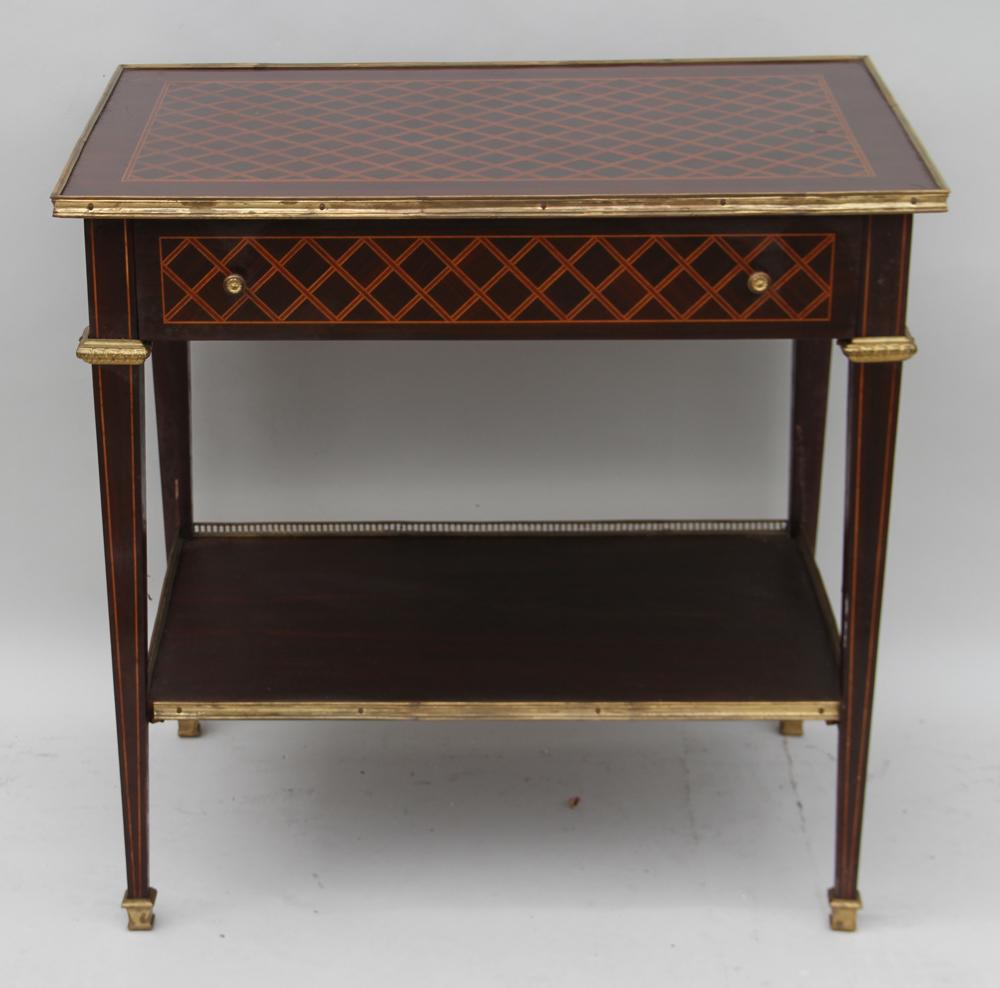 French Marquetry Inlaid Single Drawer Table: French marquetry inlaid table having bronze mounts and single drawer, 29" H x 30" W x 20" D. Provenance: Palm Beach, Florida estate.