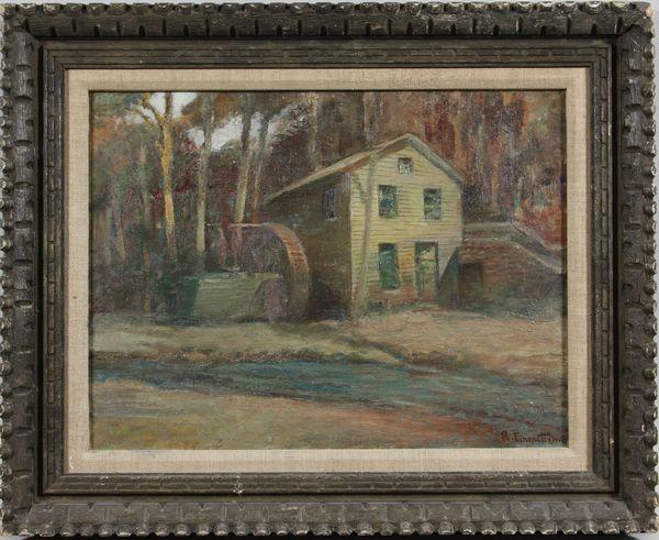 Robert Emmett Owen, Gust Mill, Oil on Linen: Robert Emmett Owen (American 1878-1957), grist mill, oil on linen in carved frame, signed lower right, 12" x 16", 17" x 22" frame size. Good condition.
