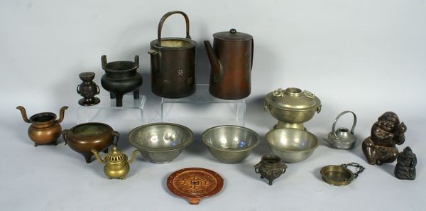 Lot of Bronze Asian Incense Burners: Lot of bronze Asian incense burners, Buddhist figures, and other bronze, brass, and miscellaneous items.