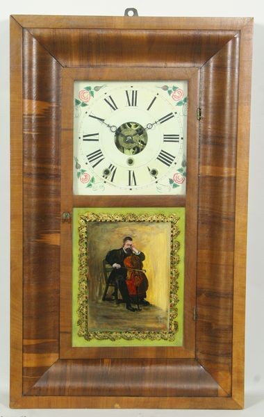 William S. Johnson Eight Day Clock: William S. Johnson, New York, circa 1850 ogee eight day clock with reverse painted cello player on tabernacle, 28"h x 17"w. Good condition, repair history inside, not tested.