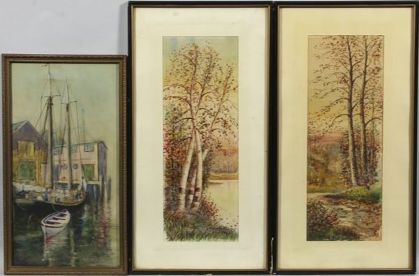 Lot of Three (3) Watercolors: Lot of three (3) watercolors, birch trees and two (2) harbor scenes, one (1) signed indistinctly "Chas H. Osborne" lower left, largest measures 13 3/4" x 5" sight size, 18 1/4" x 9 3/4" frame size.