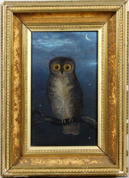 Attr. To Anna Parker Dixwell, Perched Owl, O/B: Attributed to Anna Dixwell (American, 1847-1885), perched owl, o/b, signed on stretcher "Anna Dixwell of Park St.", 10" x 6", 14 3/4" x 10 3/4" frame size.