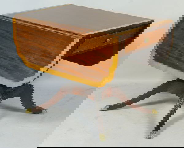 Early 20th C. Fine Duncan Phyfe Drop Leaf Table: Early 20th Century fine Duncan Phyfe style mahogany drop leaf table with satin wood inlay and single drawer, 29 1/2"h x 52"w x 39"w. Good condition.