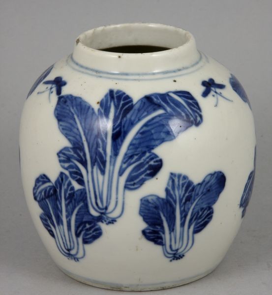 18th C. Chinese Porcelain Jar: 18th Century Chinese blue and white porcelain jar, 4"h x 3 1/2"w. Minor rim chip.