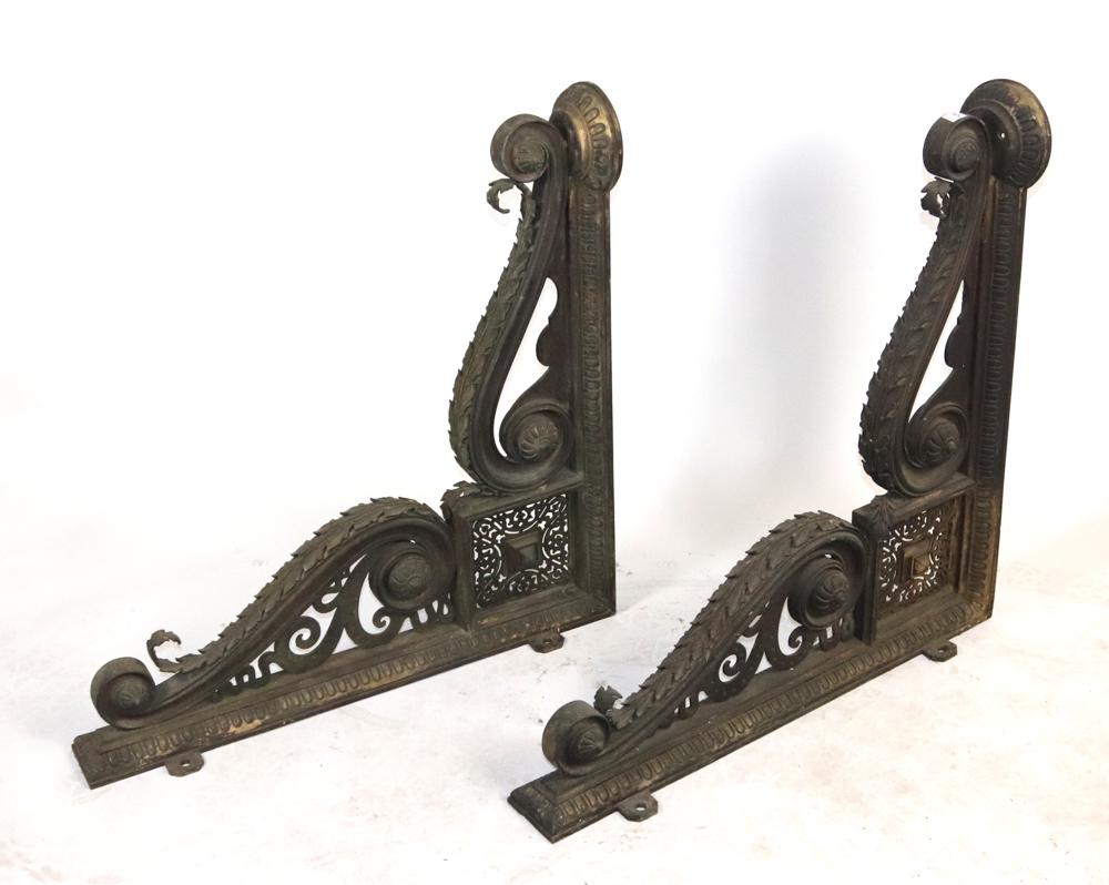 Pair of 19th Century French Bronze Brackets: Pair of 19th century French bronze architectural brackets, 35" x 35" x 6 1/2" W. Provenance: Anthony's Pier 4 restaurant, Boston, Massachusetts.