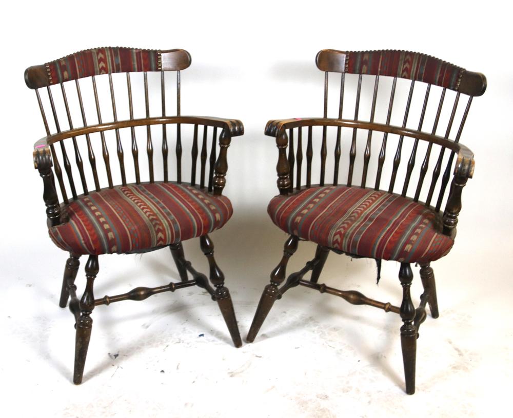 Pair of Windsor Style Armchairs: Pair of Windsor-style armchairs with upholstered seats and back rest, brass tack decoration, 33 1/2 " H x 24 1/2" W x approximately 20" D. Arms show finish wear. Provenance: Anthony's Pier 4 restauran